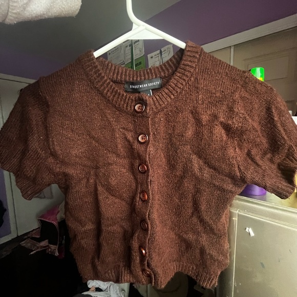 Brown short-sleeved cardigan with a fitted style and crew-neck - Picture 1 of 2
